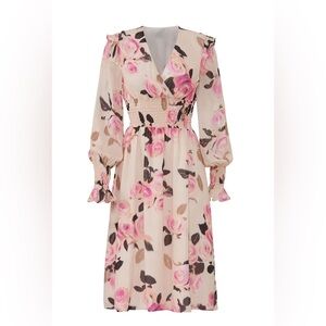 Pinko blooms smocked dress in pink roses ruffles flowy midi feminine Sz 2